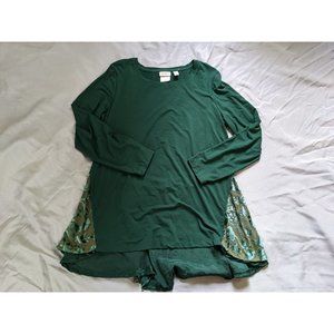 Logo Top Green Tunic Floral Nylon Blend Long Sleeve Shirt Womens Size L